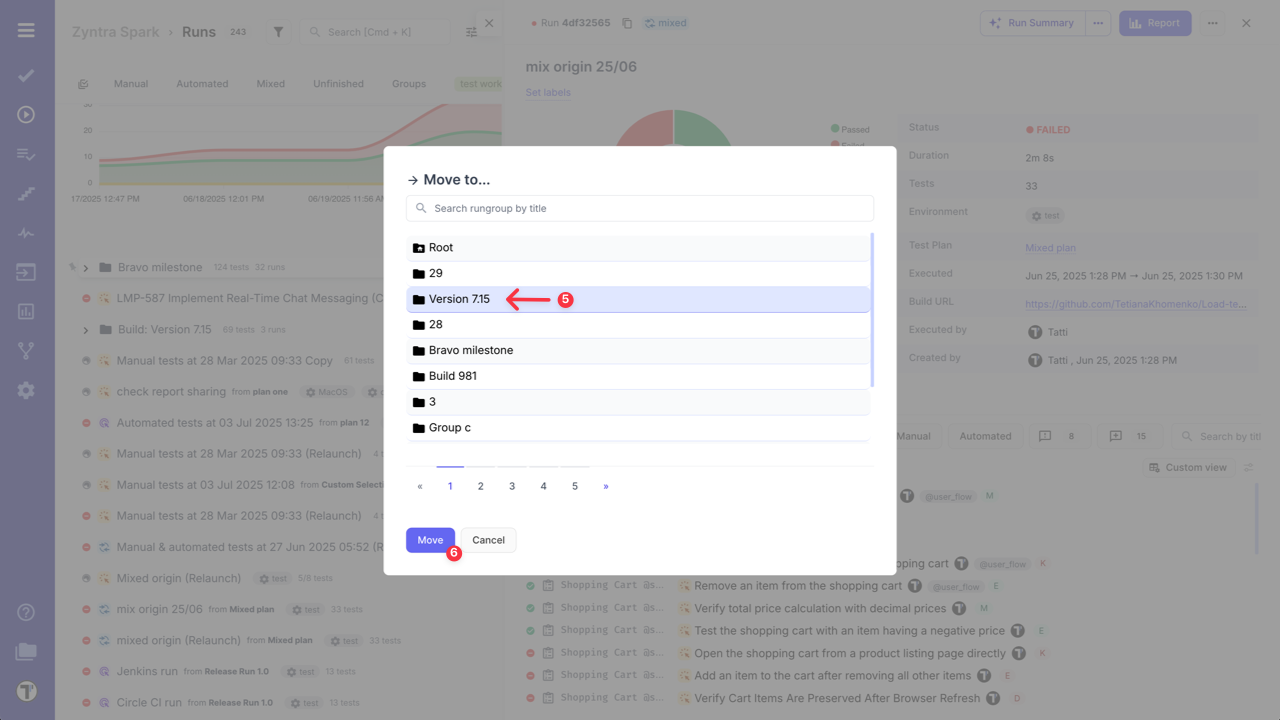 Testomat.io - Destination RunGroup selection dialog